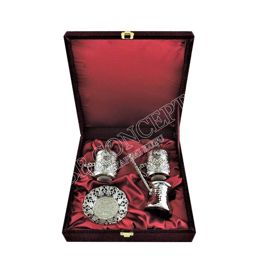 İkili Kahve Fincan ve Cezve Seti Zamak Kadife Ahşap Kutulu