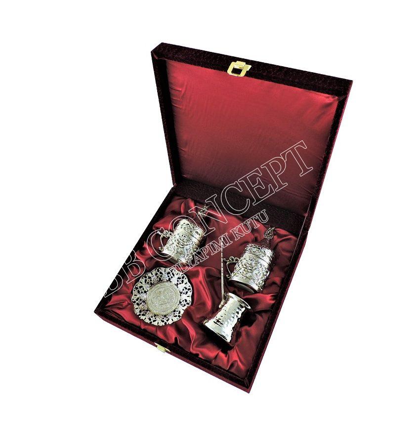 İkili Kahve Fincan ve Cezve Seti Zamak Kadife Ahşap Kutulu - Görsel 4