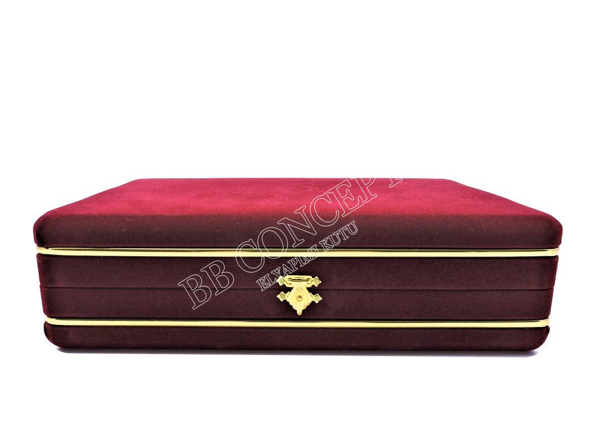 Altılı Kahve Fincanı Kutusu Lüks Kadife Metal Şeritli Bordo - Görsel 3
