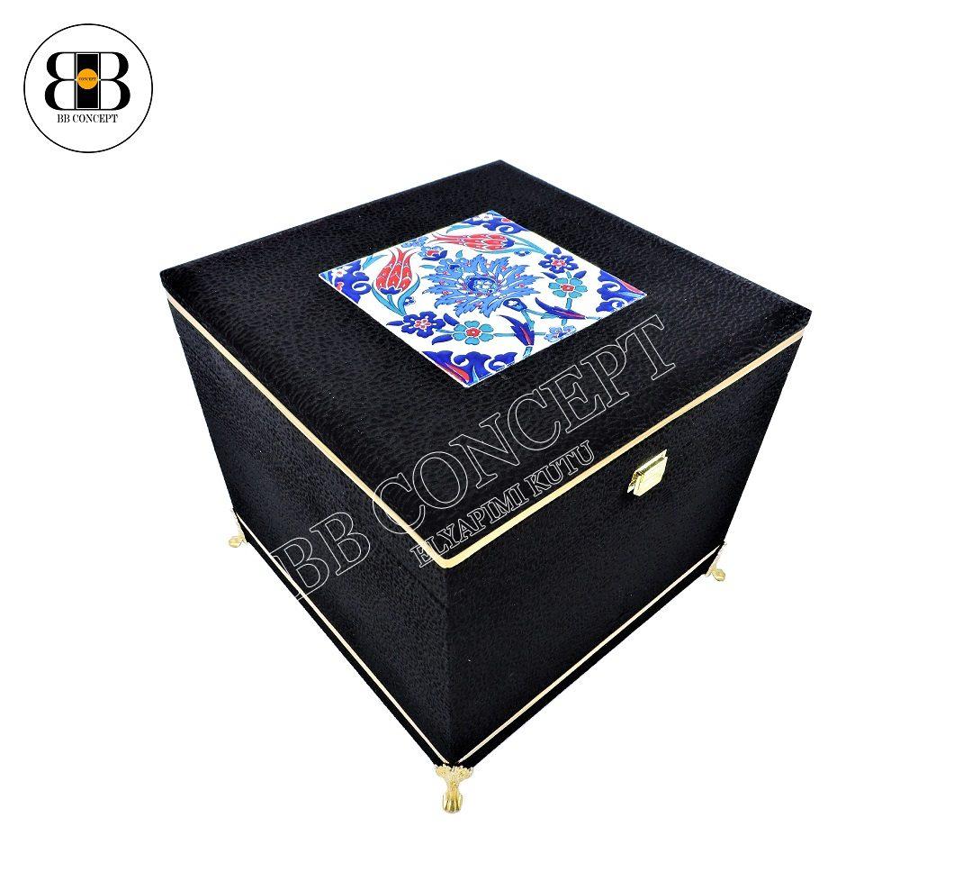 Çiçek ve Hediye Kutusu Çini Karolu Lüks Desenli Kadife Metal Şeritli - Görsel 3