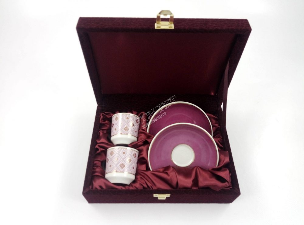 İkili Kahve Fincanı Kutusu Desenli Kadife Ve Ahşap - Görsel 4