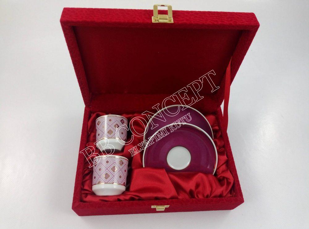 İkili Kahve Fincanı Kutusu Desenli Kadife Ve Ahşap - Görsel 6