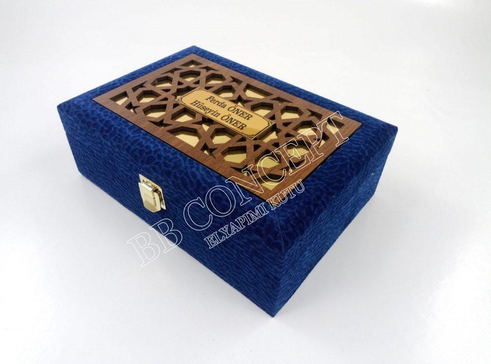 İkili Kahve Fincanı Kutusu Desenli Kadife Ve Ahşap