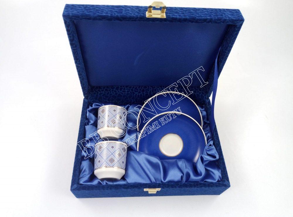 İkili Kahve Fincanı Kutusu Desenli Kadife Ve Ahşap - Görsel 2