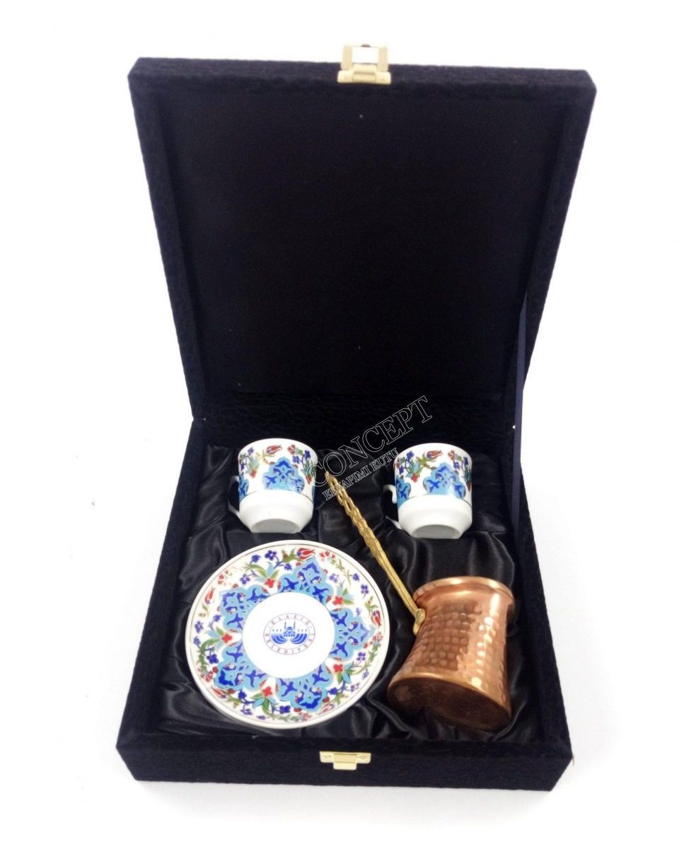 İkili Cezveli Kahve Fincanı Kutusu Desenli Kadife Ve Ahşap - Görsel 4