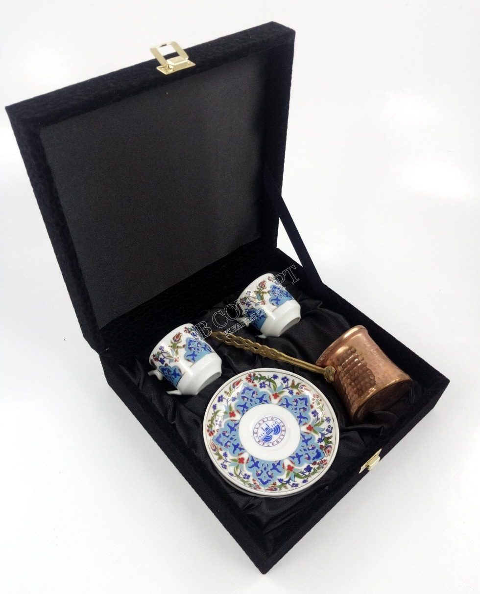 İkili Cezveli Kahve Fincanı Kutusu Desenli Kadife Ve Ahşap - Görsel 3