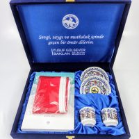 Kuran, Türk Bayrağı, İlmihal ve İkili Kahve Fincan Seti Kadife Kutulu