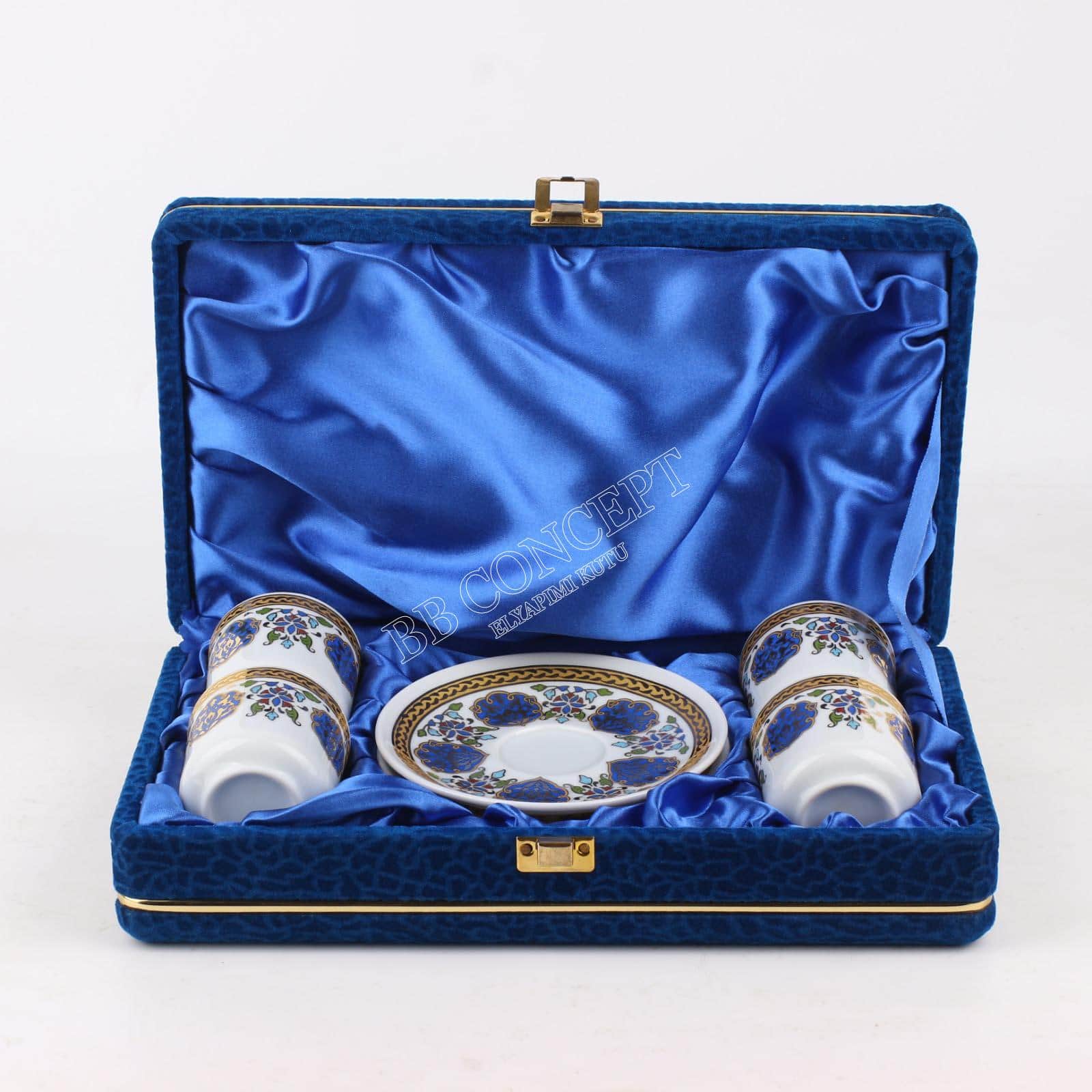 Dörtlü Kahve Fincan Seti Lüks Desenli Kadife Kutulu - Görsel 2