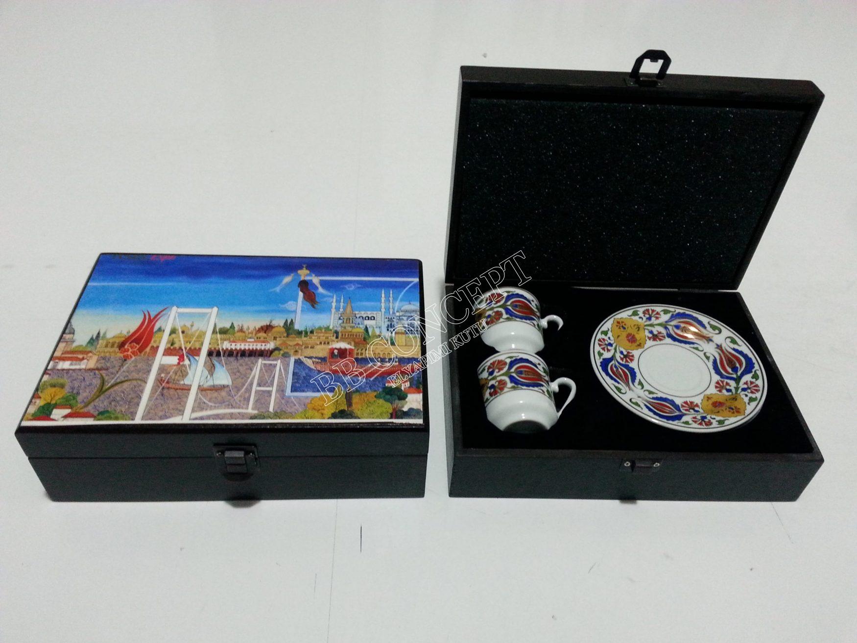 İkili Kahve Fincan Kutusu Ahşap Resimli - Görsel 3