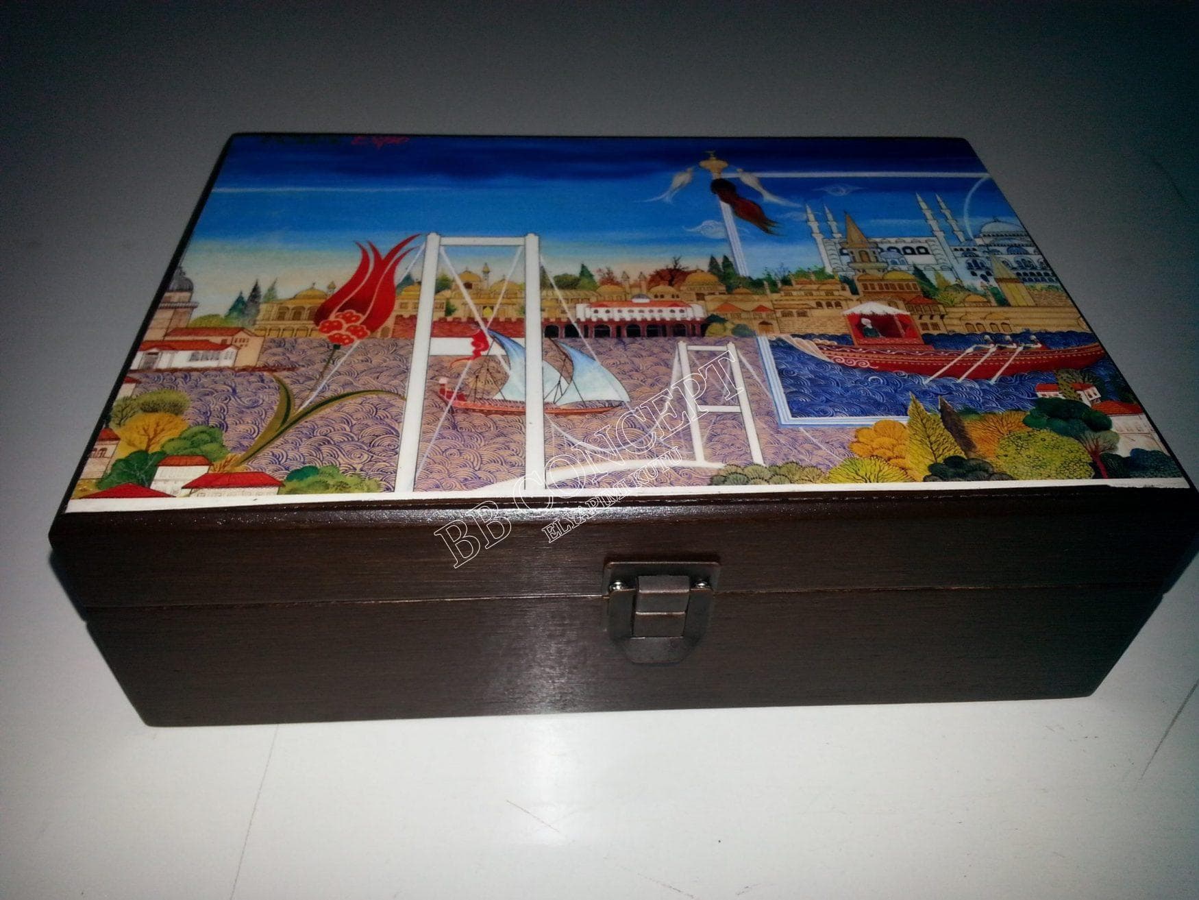 İkili Kahve Fincan Kutusu Ahşap Resimli - Görsel 4