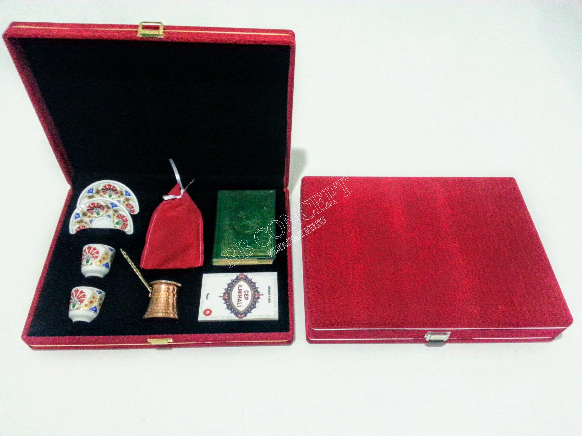 Kuran, İlmihal, Cezve, Kahve ve İkili Kahve Fincan Seti Lüks Kadife Kutulu - Görsel 5