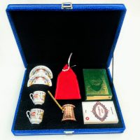 Kuran, İlmihal, Cezve, Kahve ve İkili Kahve Fincan Seti Lüks Kadife Kutulu