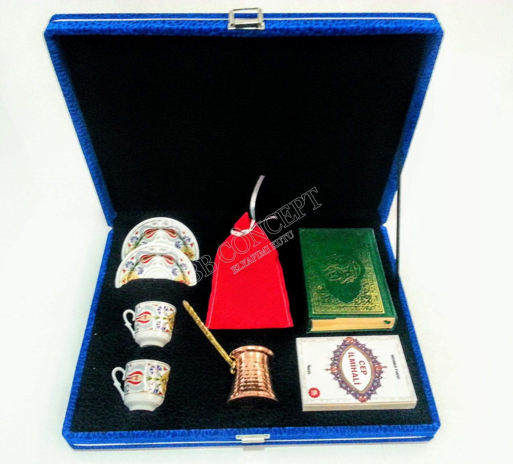 Kuran, İlmihal, Cezve, Kahve ve İkili Kahve Fincan Seti Lüks Kadife Kutulu