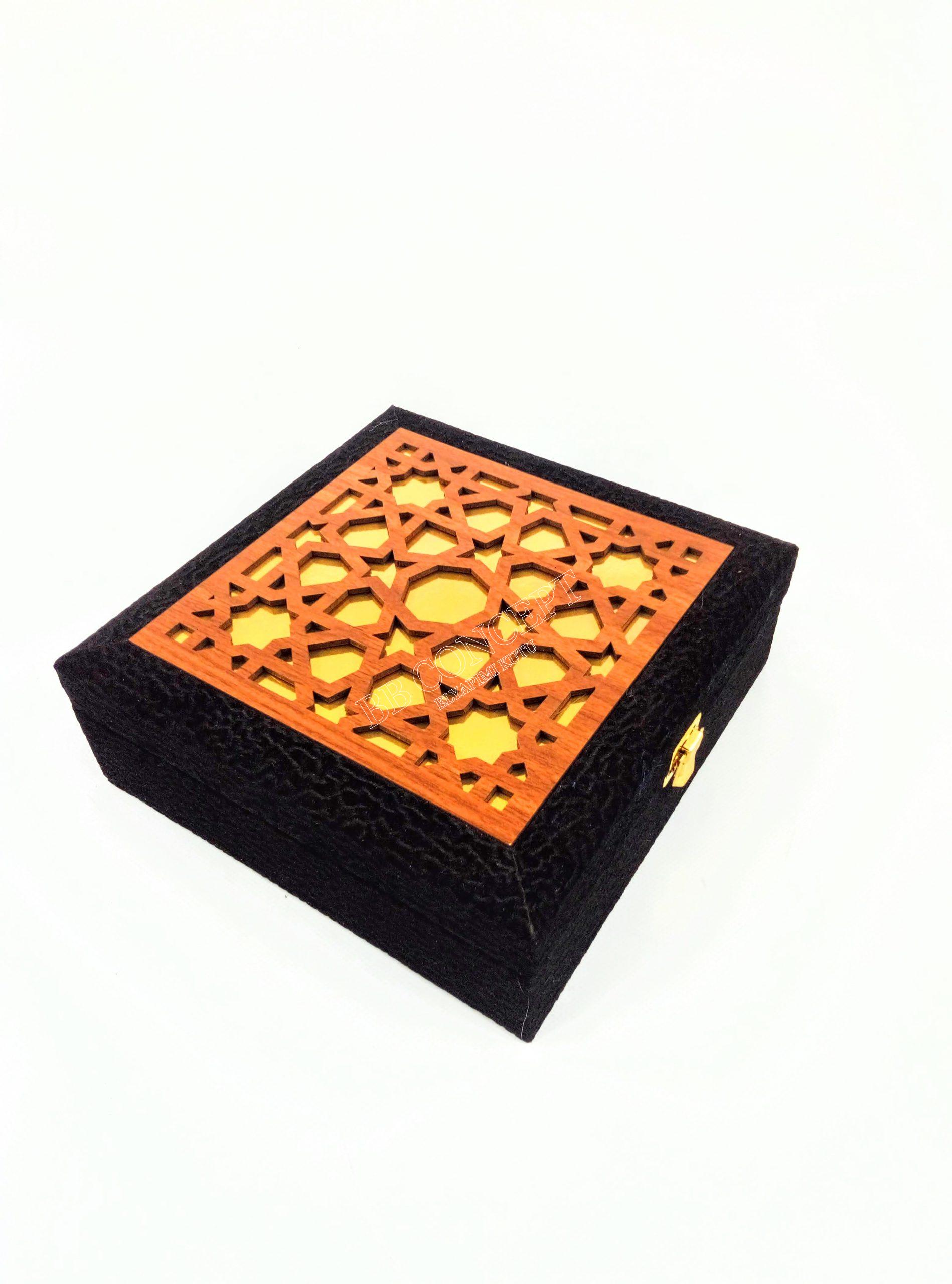 İkili Cezveli Kahve Fincanı Kutusu Desenli Kadife Ve Ahşap - Görsel 5