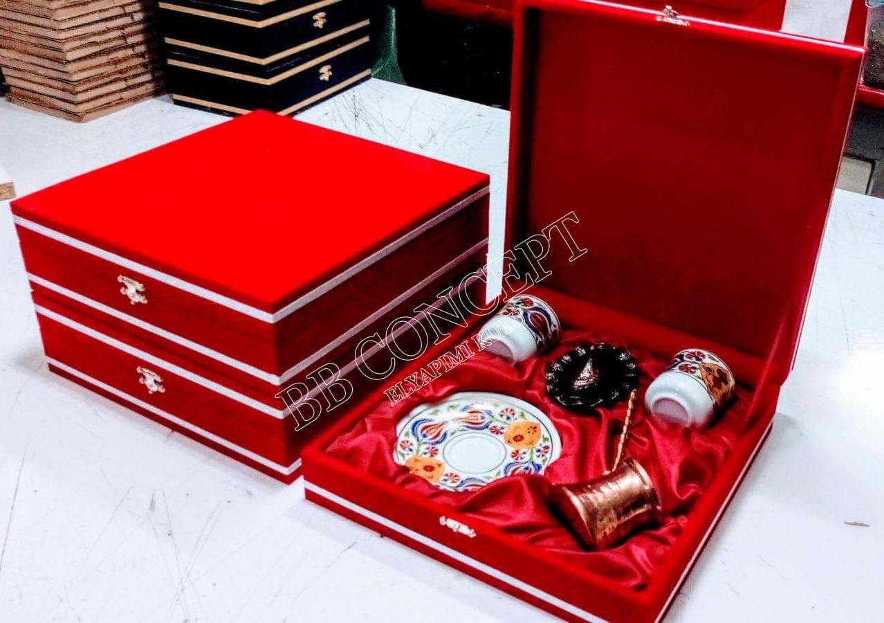 İkili Cezveli Lokumluklu Kahve Fincanı Seti Kadife Kutulu - Görsel 2