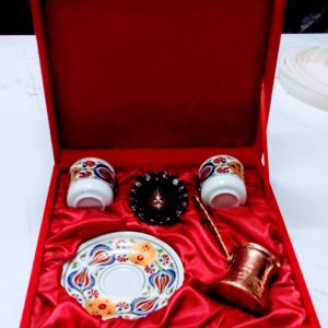 İkili Cezveli Lokumluklu Kahve Fincanı Seti Kadife Kutulu