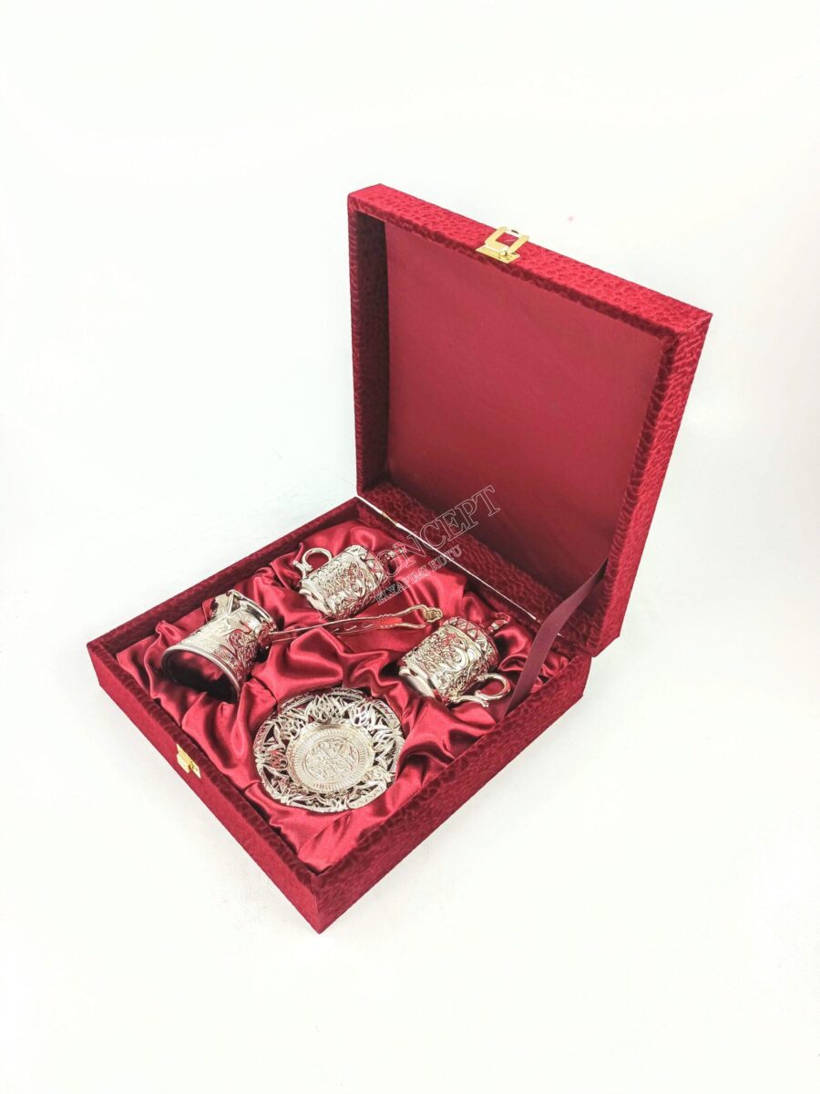 ikili cezveli zamak fincan seti desenli kadife kutulu